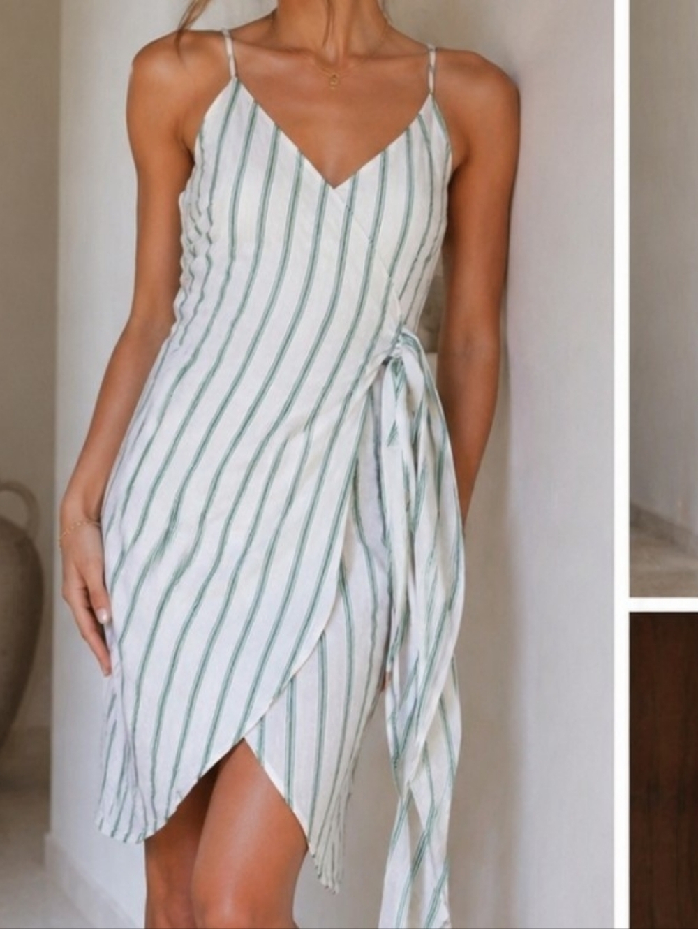 Reformation Court Dress Green & White Stripe Wrap / Tulip Strappy 100% Linen XS